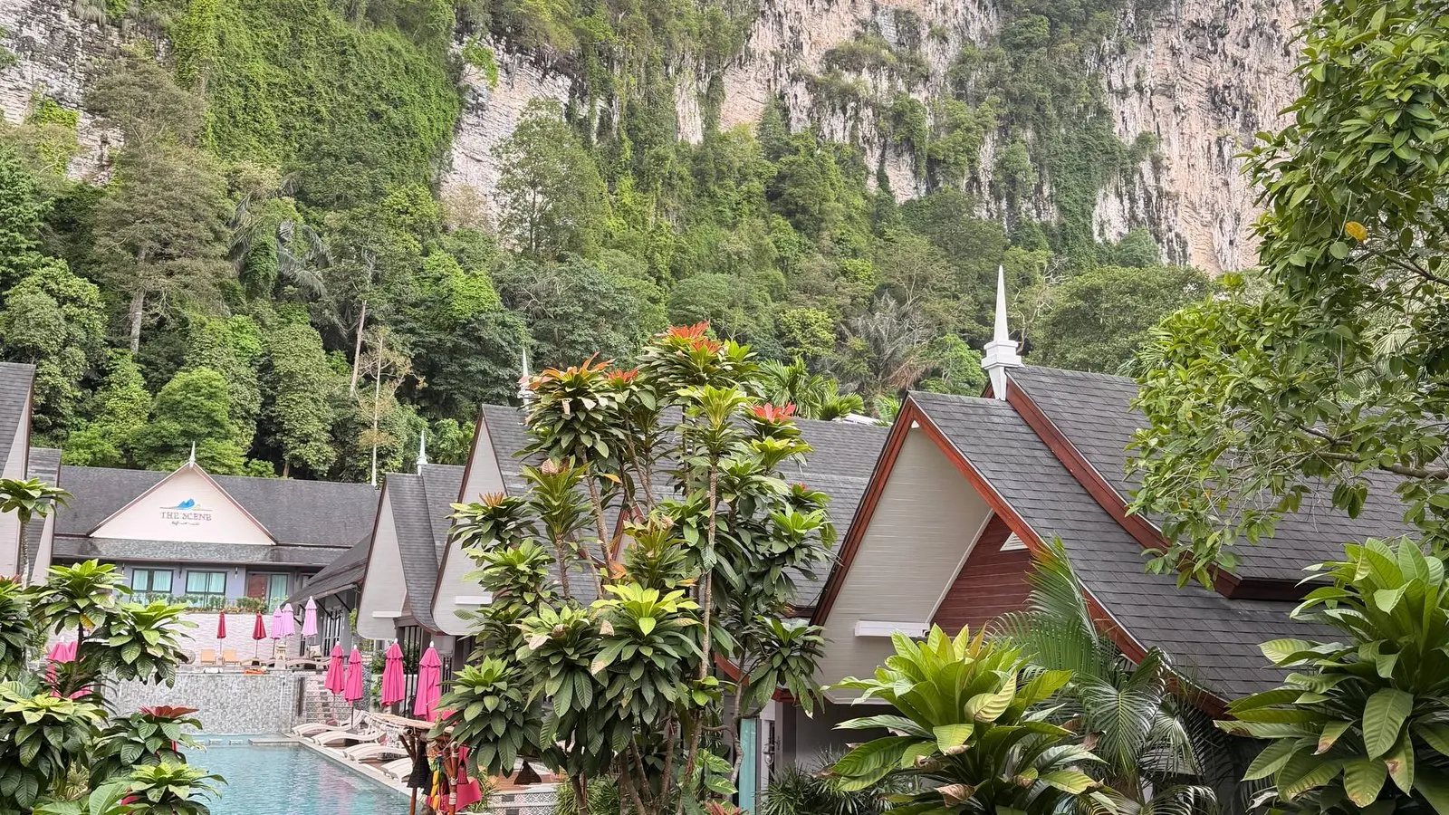 Limestone cliffs of Ao Nang, Thailand seen from a resort balcony.