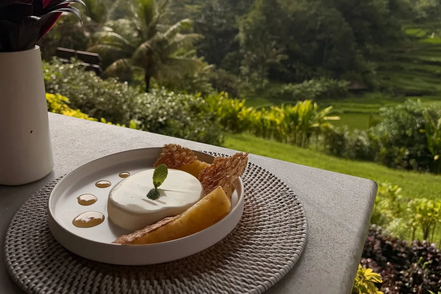 A dessert on a table overlooking green rice terraces and palms in Ubud, Bali.