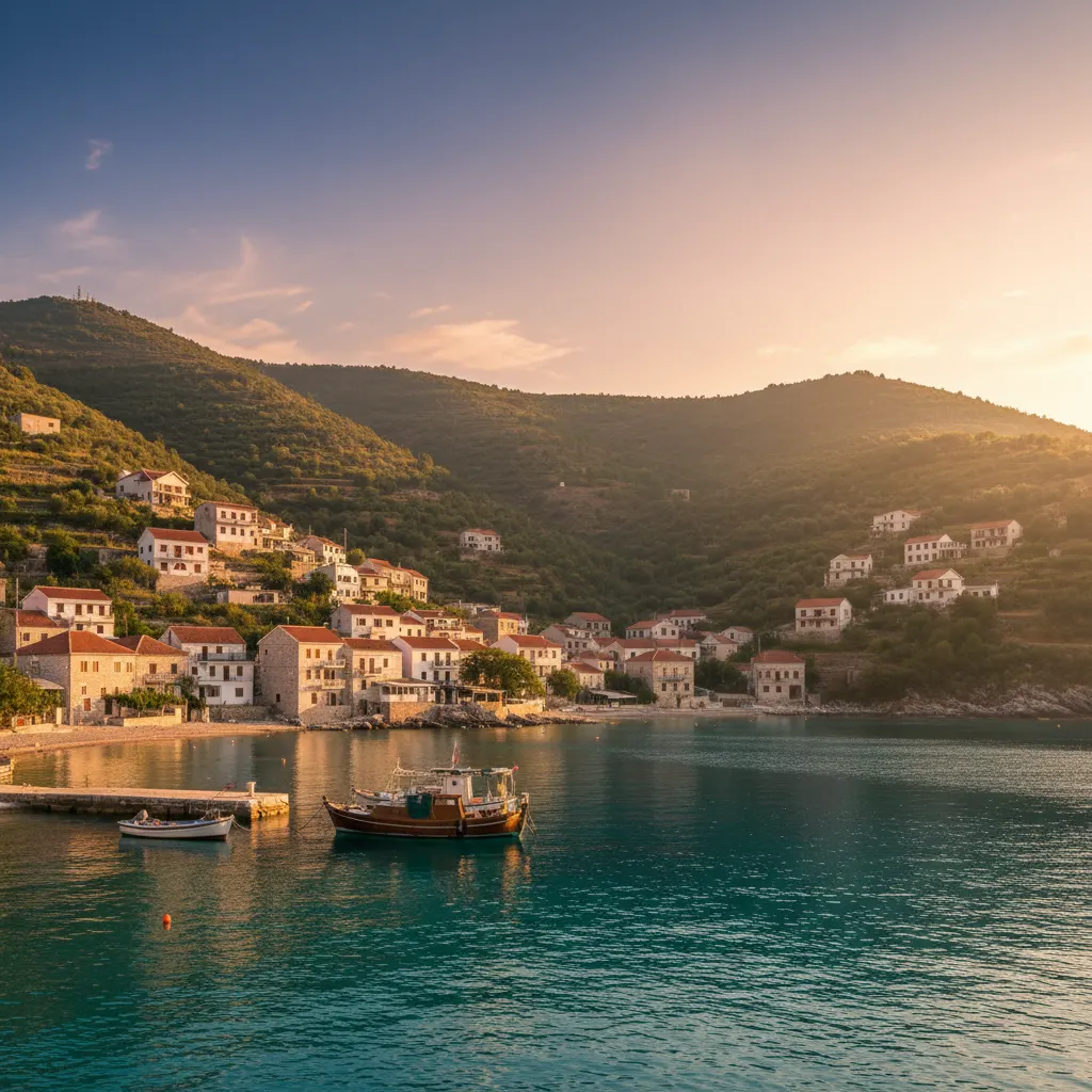 A small coastal town on the Albanian Riviera at golden hour, houses climbing a green hill above a turquoise bay with a few fishing boats.