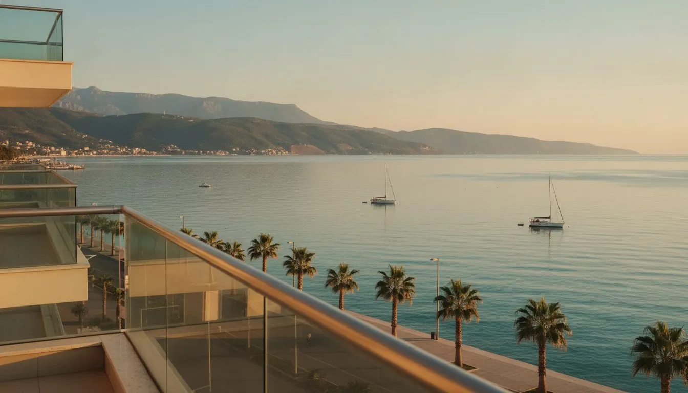 The Bay of Vlore on the Albanian Riviera, seen from an apartment balcony.